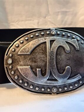 Just Cavalli Distressed Silver Oval Logo Buckle with Black Strap